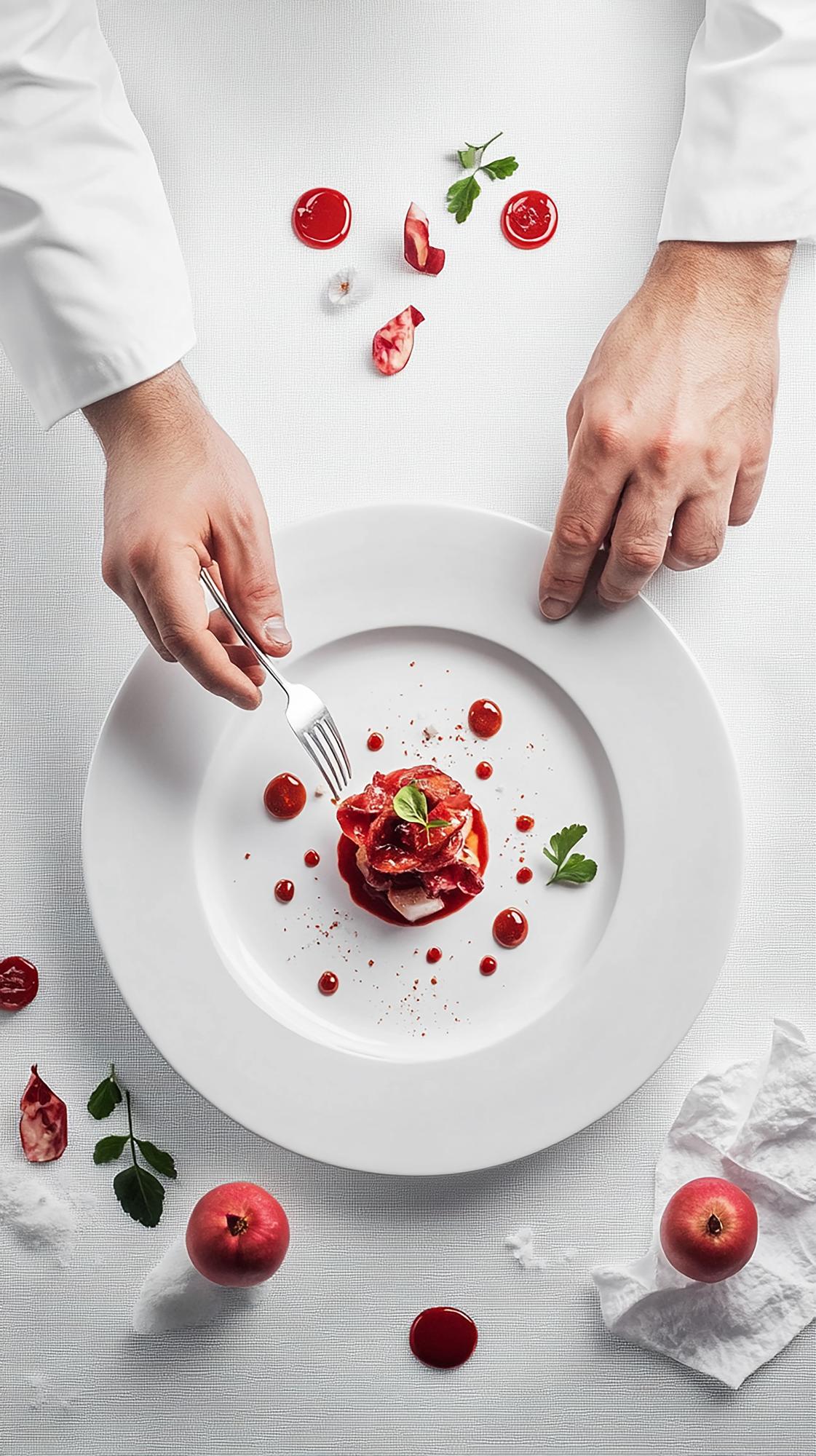 Hands plating a composed dish
